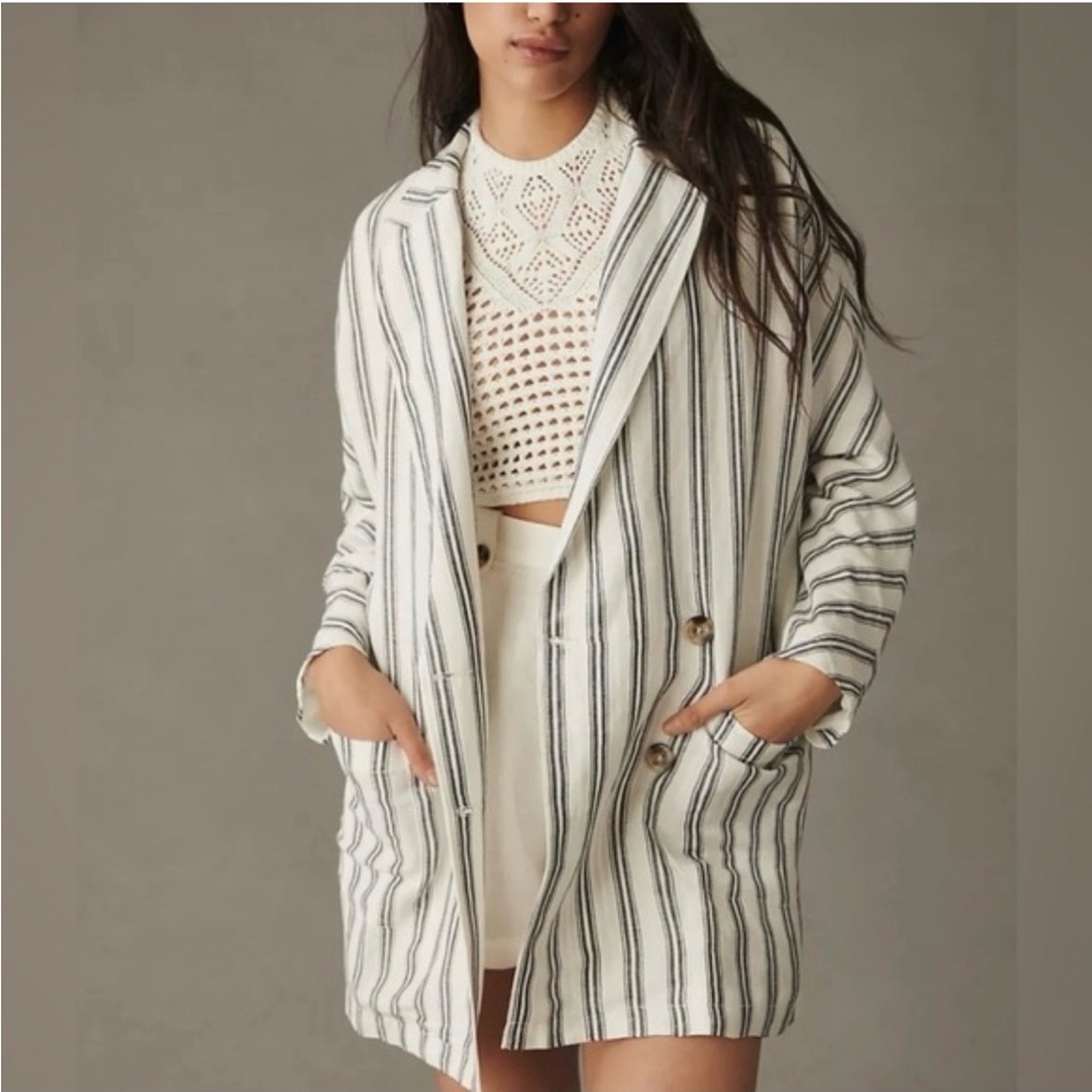 Anthropologie Pilcro Striped Linen Blend Double Breasted Blazer Jacket XS White